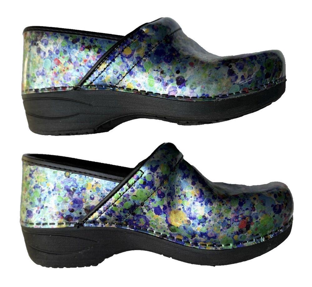 Dansko XP 2.0 Women's Multicolor Watercolor Dots Patent Leather Clogs Sz 9 Nurse - Picture 2 of 16
